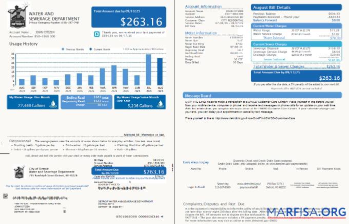 Downloadable USA Detroit Water and Sewerage Department utility bill template in Word and PDF formats, 2 pages, version 5